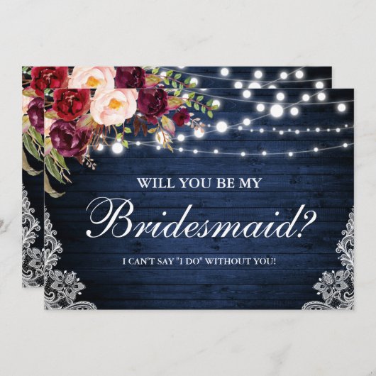 Rustikales blaues Holz Lichter Lace Floral Bridesm Einladung (Vorne/Hinten)
