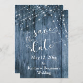 Rustikales blaues Holz, Lichtteile Save the Date (Vorne/Hinten)