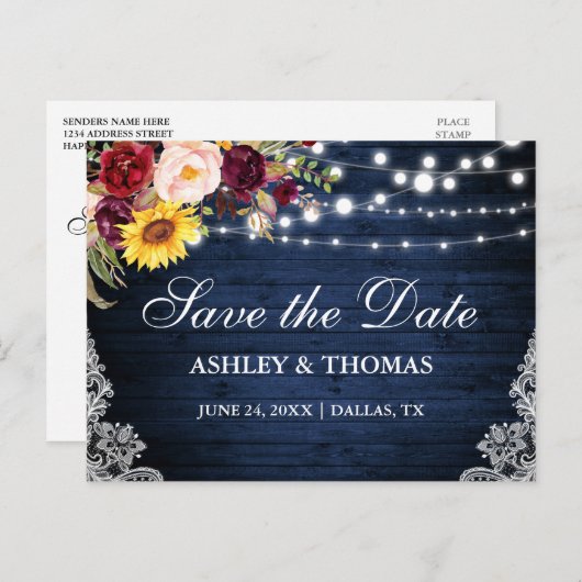 Rustikales blaues Holz mit Streichelleuchten und B Ankündigungspostkarte (Vorne/Hinten)