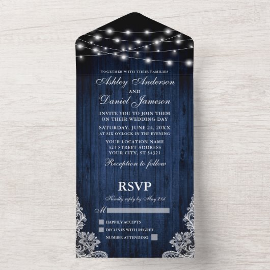 Rustikales blaues Holz mit Streichellichtblende Ho All In One Einladung (Innen Boden)