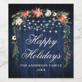 Rustikales blaues Holz Poinsettias Lights Holiday Weinetikett (Einzelnes Label)