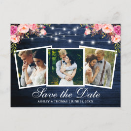 Rustikales blaues Holz Rosa Blütenblume 3 Foto Sav Einladungspostkarte