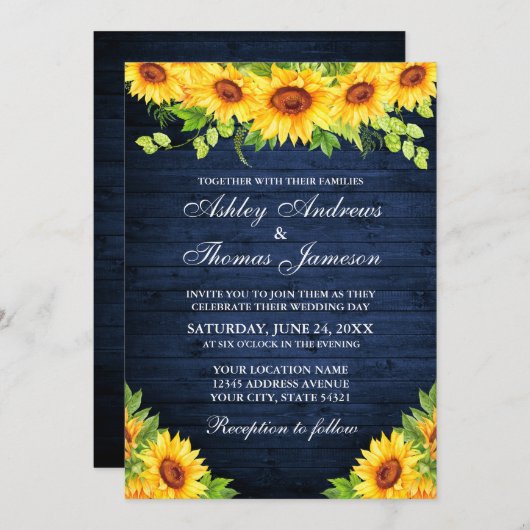 Rustikales blaues Holz Sonnenblumen Blumengrün Einladung (Vorne/Hinten)