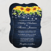 Rustikales blaues Holz Sonnenblumen Blumenstrauß L Einladung (Vorne/Hinten)