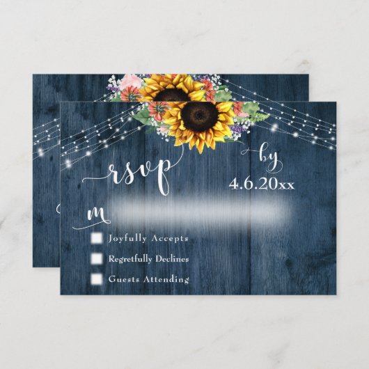 Rustikales blaues Holz Sonnenblumen Bouquet Lights RSVP Karte (Vorne/Hinten)