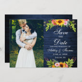 Rustikales blaues Holz Sonnenblumen Foto Save The Date (Vorne/Hinten)
