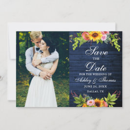 Rustikales blaues Holz Sonnenblumen Foto Save The Date