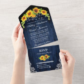 Rustikales blaues Holz Sonnenblumen Lichter Hochze All In One Einladung (Abreißen)