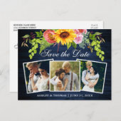 Rustikales blaues Holz Sonnenblumen Save the Date  Einladungspostkarte (Vorne/Hinten)