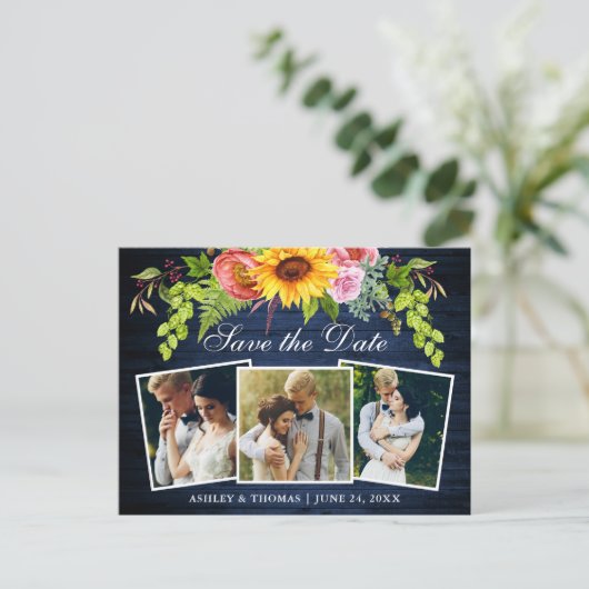 Rustikales blaues Holz Sonnenblumen Save the Date  Einladungspostkarte (Stehend Vorderseite)