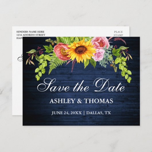 Rustikales blaues Holz Sonnenblumen Save the Date Einladungspostkarte (Vorne/Hinten)