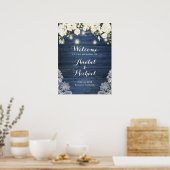 Rustikales blaues Holz Spitzen Weiße Blume Begrüßu Poster (Küche)