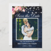 Rustikales blaues Holz Wasserfarbe Rosa Blumenleuc Save The Date (Vorderseite)