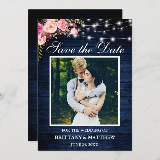 Rustikales blaues Holz Wasserfarbe Rosa Blumenleuc Save The Date (Vorne/Hinten)