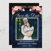 Rustikales blaues Holz Wasserfarbe Rosa Foto Save The Date (Vorne/Hinten)