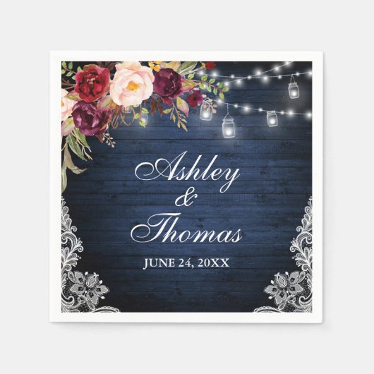 Rustikales blaues Holz Wedding Jar Lights Floral L Serviette (Vorderseite)