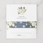 Rustikales blaues Holz Weiße Blume Jar String Ligh Platzkarte (Außenseite Aufgefaltet)