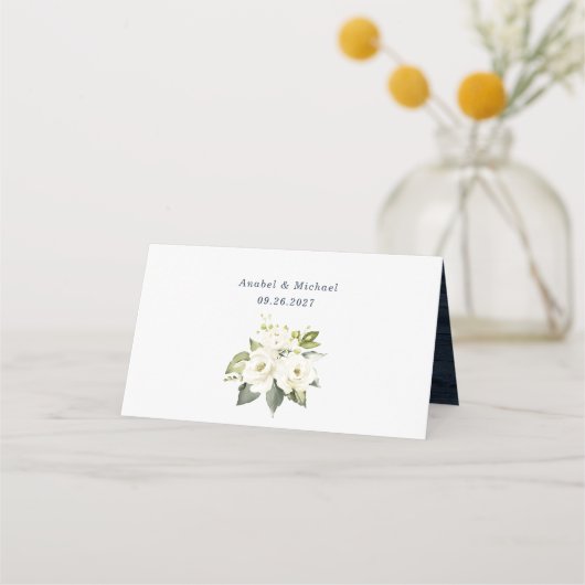 Rustikales blaues Holz Weiße Blume Jar String Ligh Platzkarte (Rückseite)