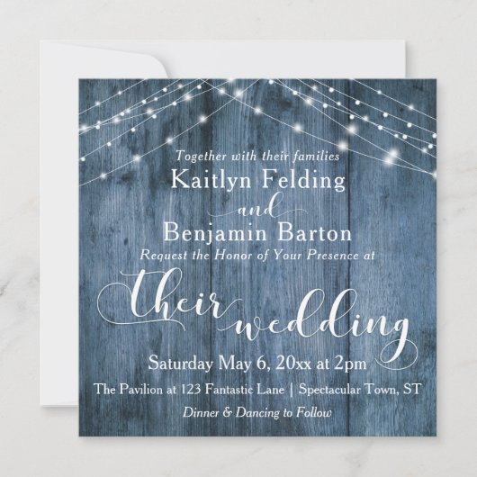 Rustikales blaues Holz, weißes, helles Band Hochze Einladung (Vorderseite)