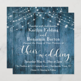 Rustikales blaues Holz, weißes, helles Band Hochze Einladung
