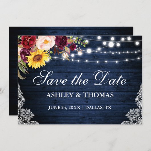 Rustikales blaues Holzleuchten mit gemischter Blum Save The Date (Vorne/Hinten)