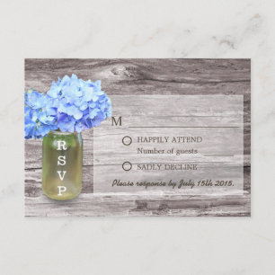 Rustikales blaues Hydrangea-Maurer-Glas-Hochzeit RSVP Karte