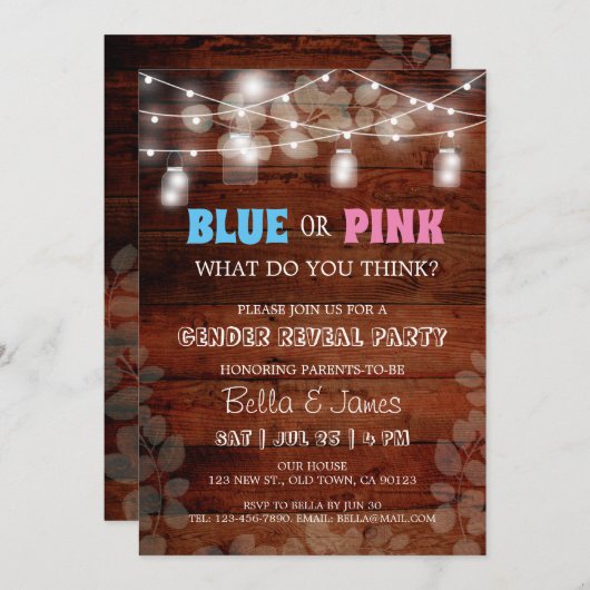 Rustikales blaues oder rosa Geschlecht offenbart P Einladung (Vorne/Hinten)