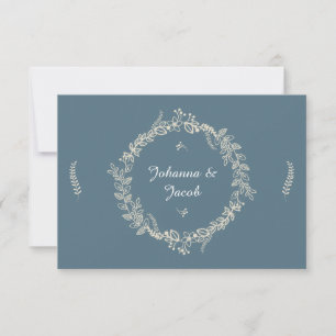Rustikales blaues Schild mit Blumenkreide RSVP Karte