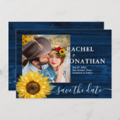 Rustikales blaues Sonnenblumen Foto Hochzeit speic Save The Date (Vorne/Hinten)