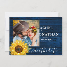 Rustikales blaues Sonnenblumen Foto Hochzeit speic Save The Date