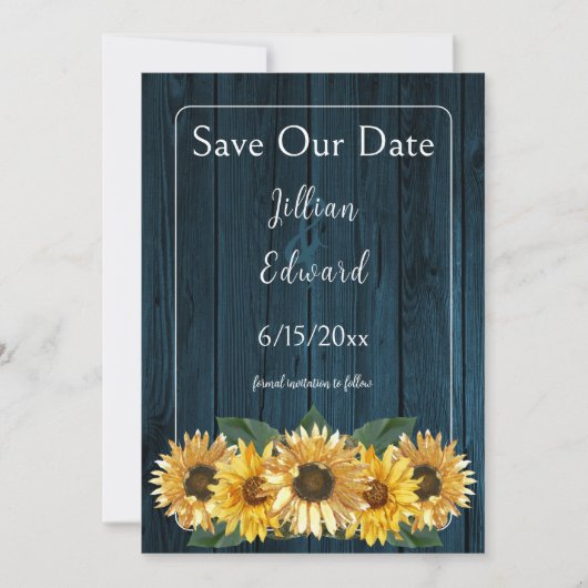Rustikales Blaues Sonnenblumen Save the Date Ankündigung (Vorderseite)