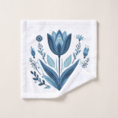 Rustikales blaues Tulip Blume Folk Botanisches Des Badhandtuch Set (Waschlappen)