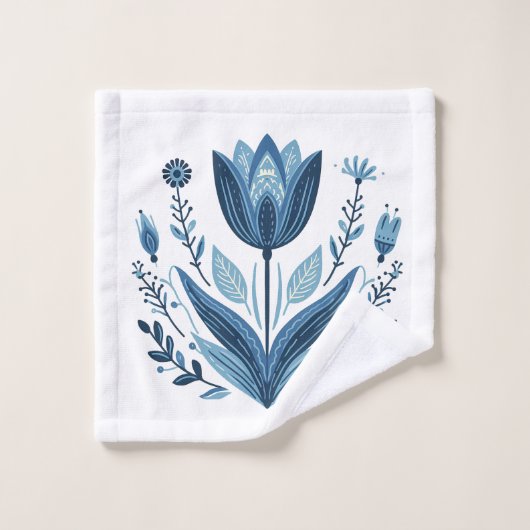 Rustikales blaues Tulip Blume Folk Botanisches Des Badhandtuch Set (Waschlappen)