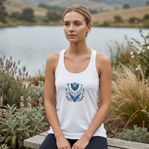 Rustikales blaues Tulip Blume Folk Botanisches Des Tank Top