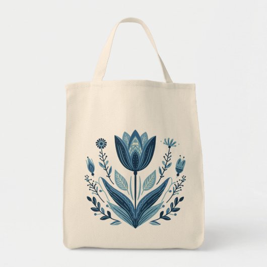 Rustikales blaues Tulip Blume Folk Botanisches Des Tragetasche (Vorne)