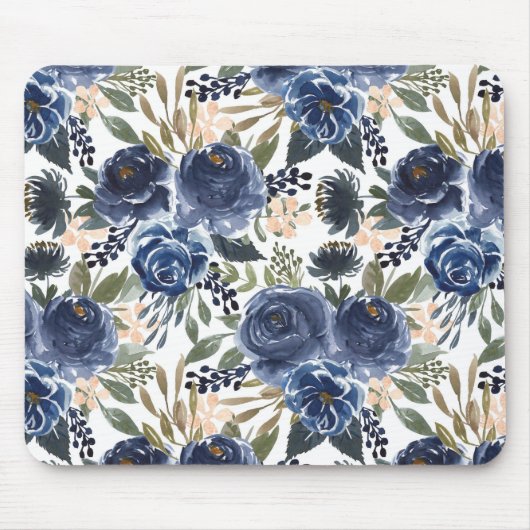Rustikales blaues Wasserfarben-Rose und Peonies-Mu Mousepad (Vorne)