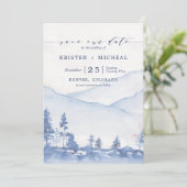 Rustikales blaues Wasserfarbengebirge Foto Save The Date (Stehend Vorderseite)