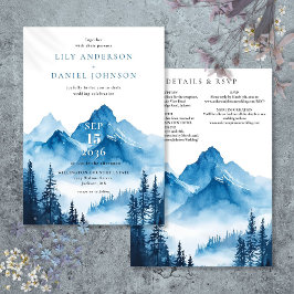 Rustikales blaues Wasserfarbengebirge Hochzeitsdet Einladung