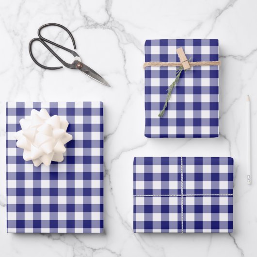Rustikales blaues weißes Gingham-Muster Geschenkpapier Set (Vorderseite)