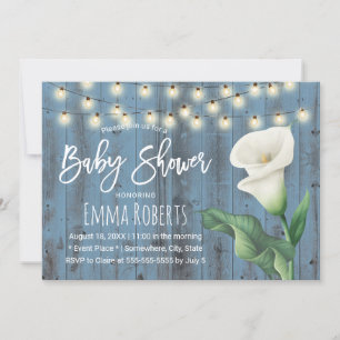 Rustikales Blue Barn Wood Lily Floral Baby Dusche Einladung