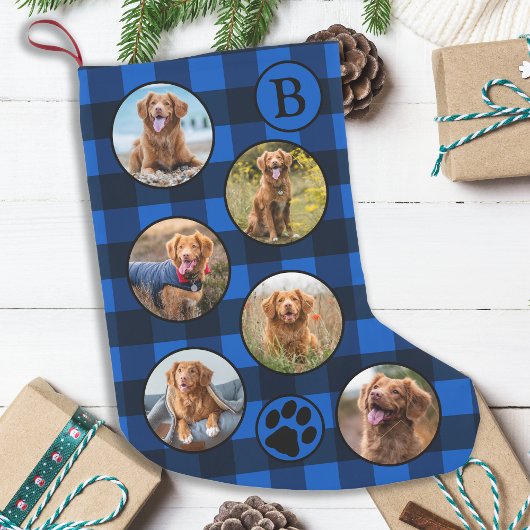Rustikales Blue Black Kariert Fun Pet Foto Collage Kleiner Weihnachtsstrumpf