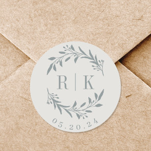 Rustikales Blue Botanical Wreath Wedding Monogram Runder Aufkleber