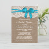 Rustikales Blue Bow, Burlap & Lace Brautparty Einladung (Stehend Vorderseite)