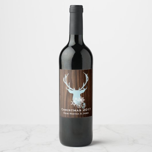 Rustikales Blue Deer Head Weihnachtsweinlabel Weinetikett (Vorderseite)