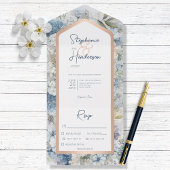 Rustikales Blue Floral & Rose Gold Dinner All In One Einladung