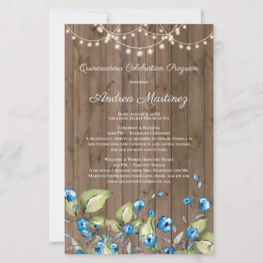 Rustikales Blue Flowers Lights Quinceanera Program (Vorderseite)