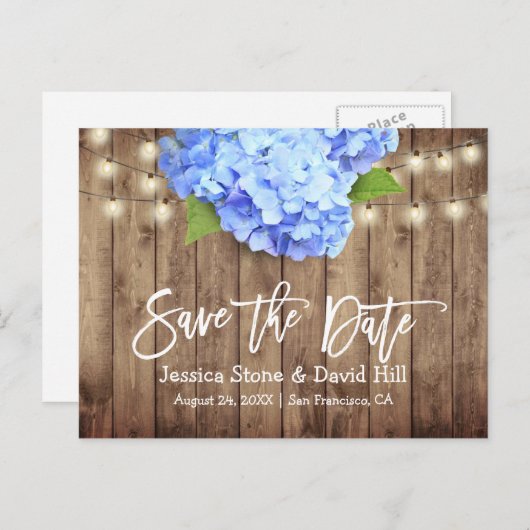 Rustikales Blue Hydrangea String Lights Save the D Ankündigungspostkarte (Vorne/Hinten)