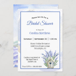 Rustikales Blue Lavender Birdhouse Brautparty Einladung