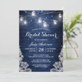 Rustikales Blue Mason Jars Lights Lace Brautparty Einladung (Stehend Vorderseite)