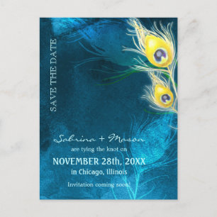 Rustikales Blue Peacock Wedding rettet das Datum Ankündigungspostkarte